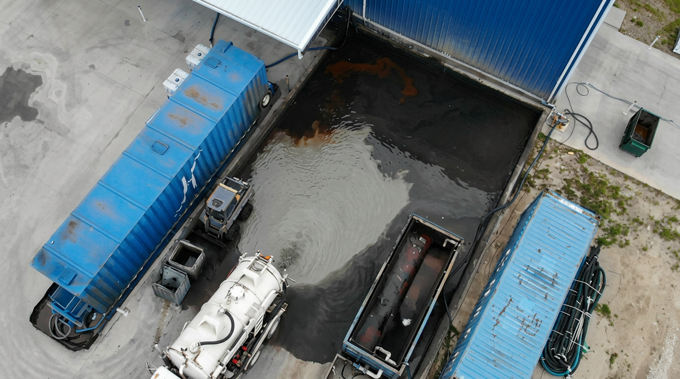 Aerial view of waste deposit area at the Dallas treatment facility with tanker truck and containment bays