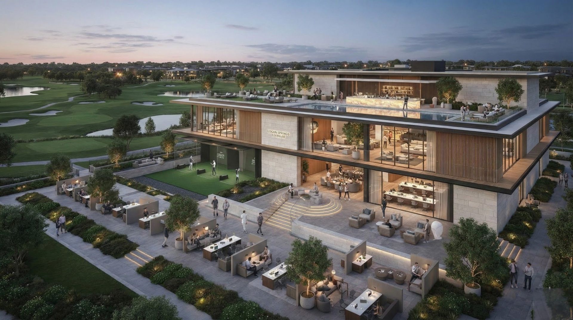 Logan Springs clubhouse rendering , rooftop bar and pool overlooking championship golf course