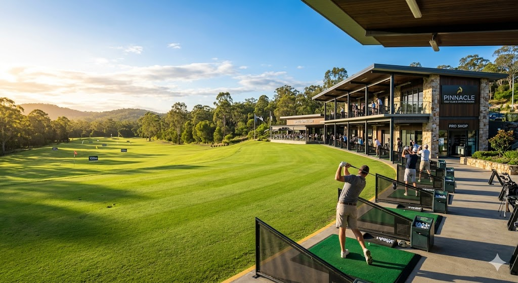Pinnacle Golf Club driving range and pro shop at sunrise