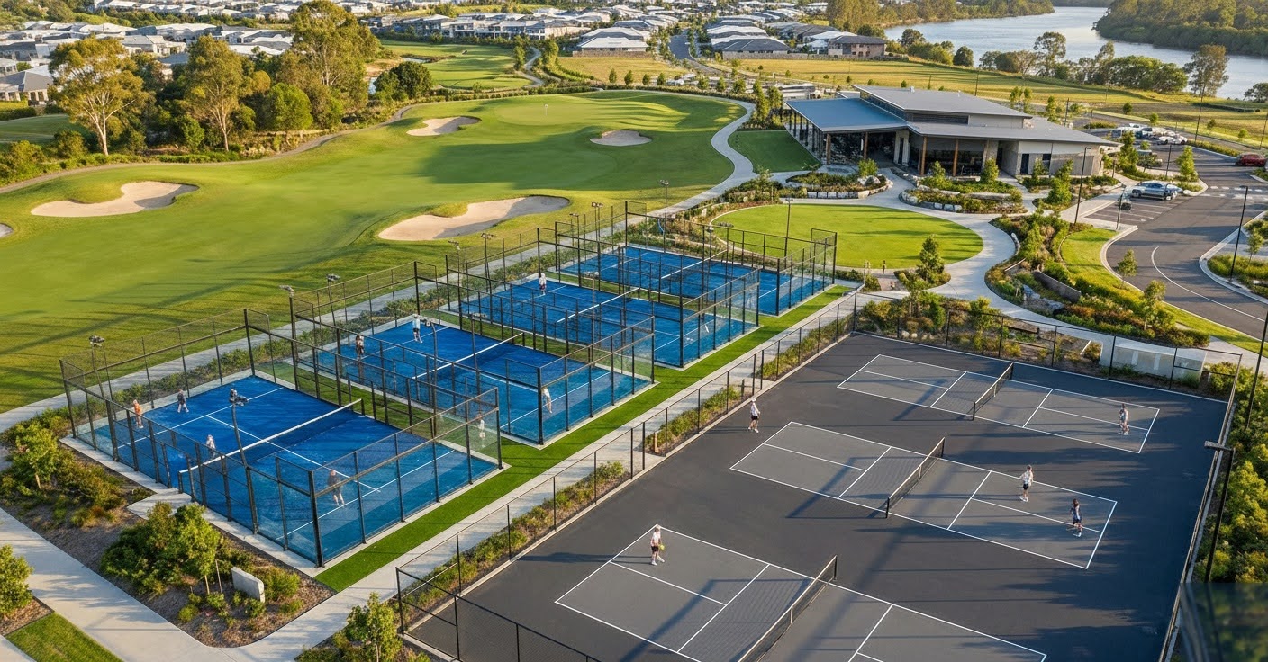 Padel and pickleball courts precinct adjacent to championship golf course