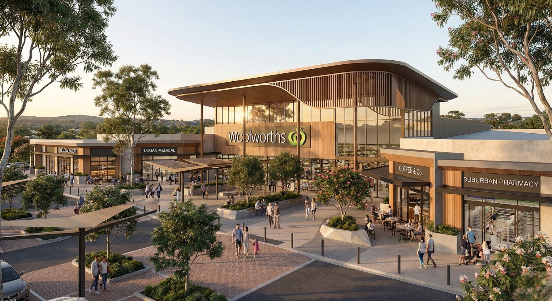 Neighbourhood retail precinct anchored by Woolworths supermarket